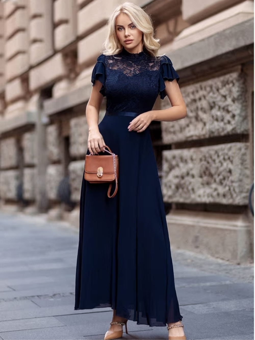 NWT Miusol Navy Lace Chiffon Butterfly Sleeve Max Formali Dress